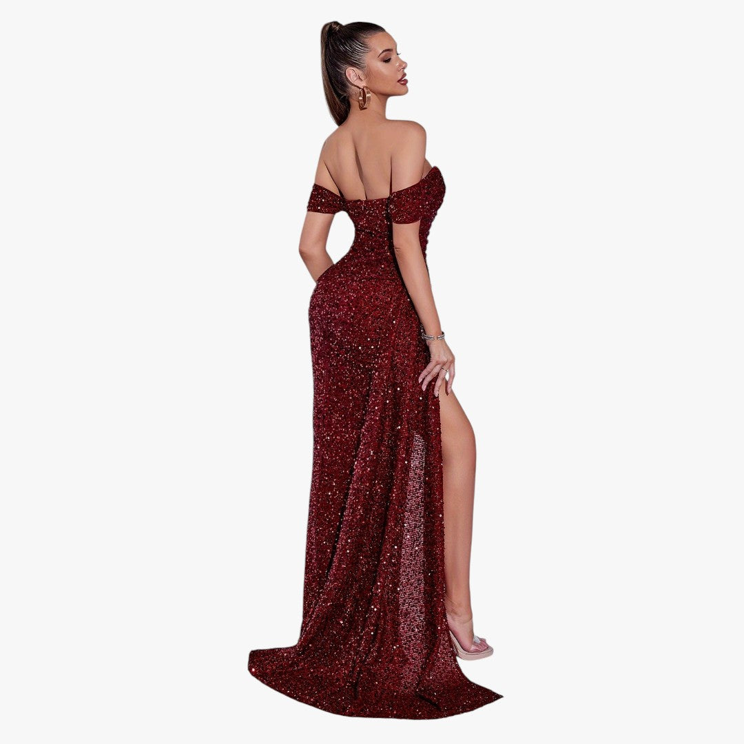 Miles & Luna Cotton Sparkling Sequin Off Shoulder Ruched Split Thigh Draped Side Slim Formal Maxi Dress for Women