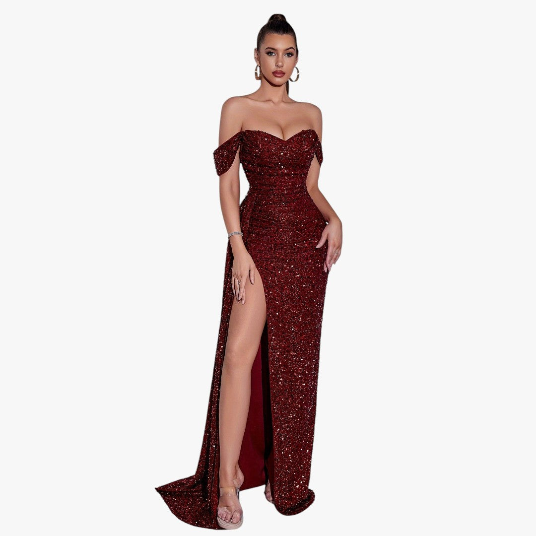 Miles & Luna Cotton Sparkling Sequin Off Shoulder Ruched Split Thigh Draped Side Slim Formal Maxi Dress for Women