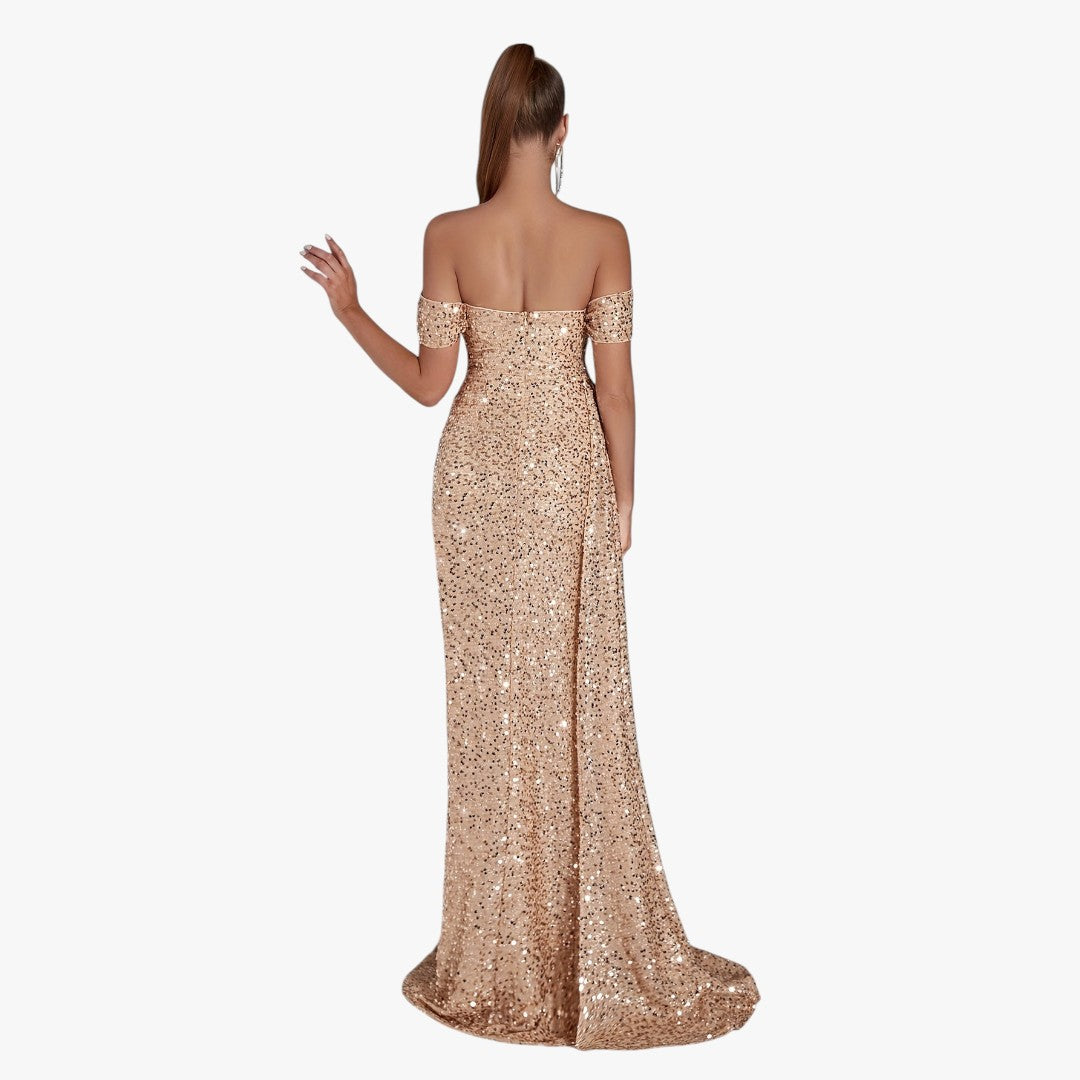 Miles & Luna Cotton Sparkling Sequin Off Shoulder Ruched Split Thigh Draped Side Slim Formal Maxi Dress for Women