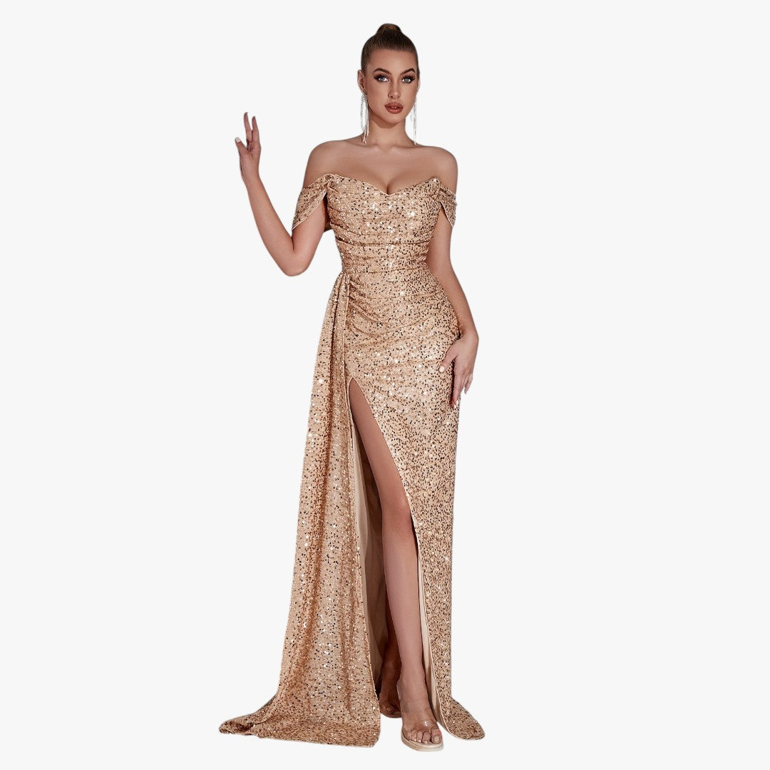 Miles & Luna Cotton Sparkling Sequin Off Shoulder Ruched Split Thigh Draped Side Slim Formal Maxi Dress for Women