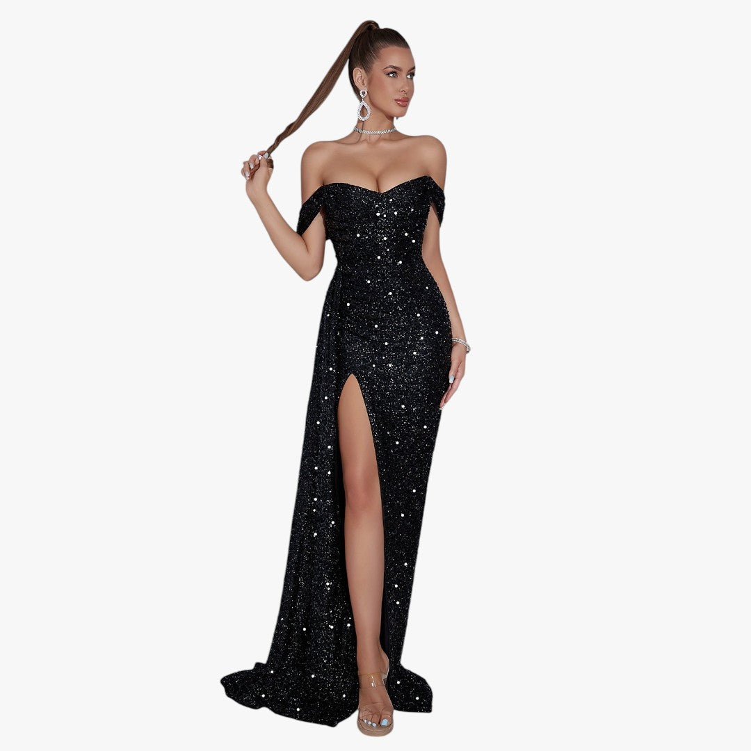 Miles & Luna Cotton Sparkling Sequin Off Shoulder Ruched Split Thigh Draped Side Slim Formal Maxi Dress for Women