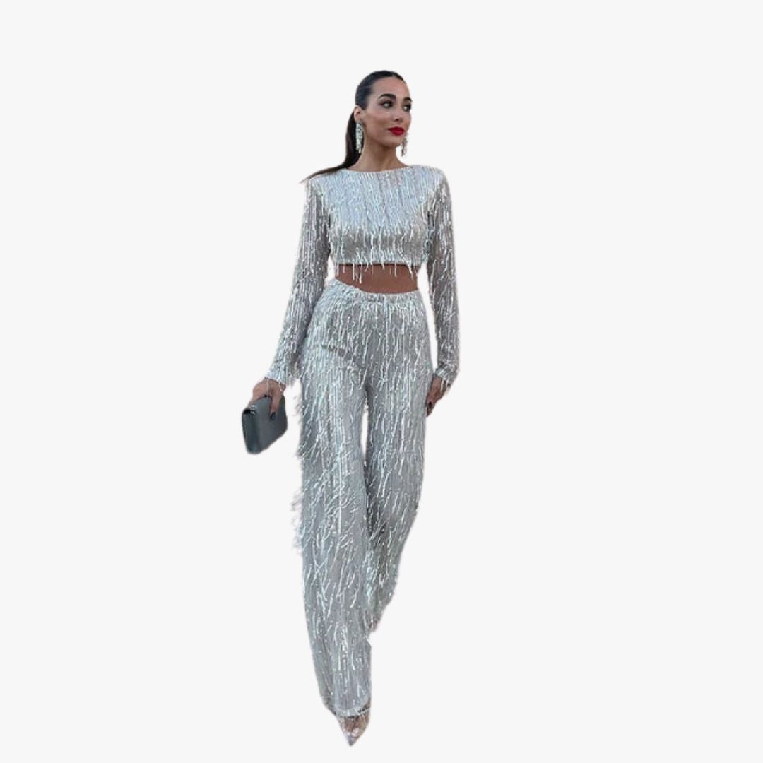 Miles & Luna Crop Top Trouser 2-Piece Set with Frills and Sequins for women