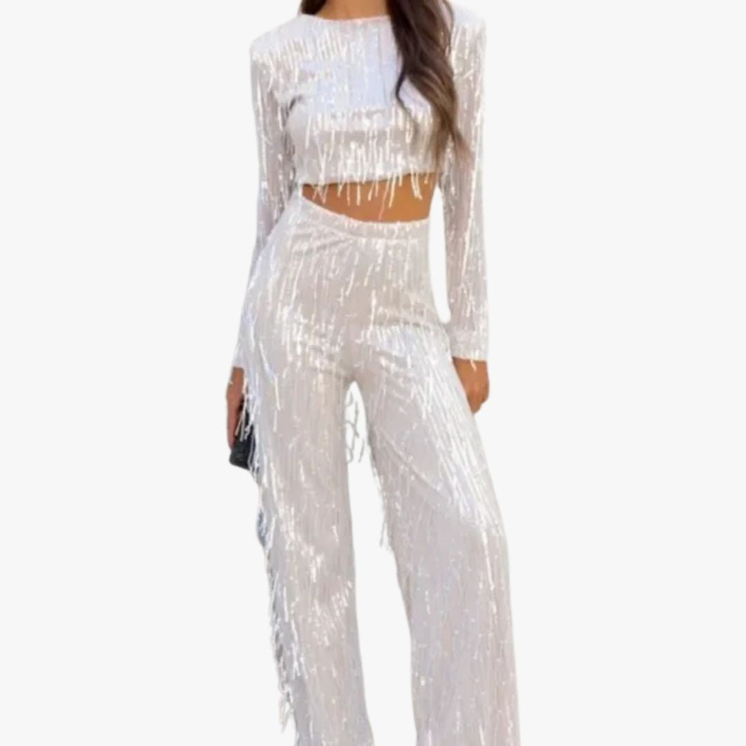 Miles & Luna Crop Top Trouser 2-Piece Set with Frills and Sequins for women