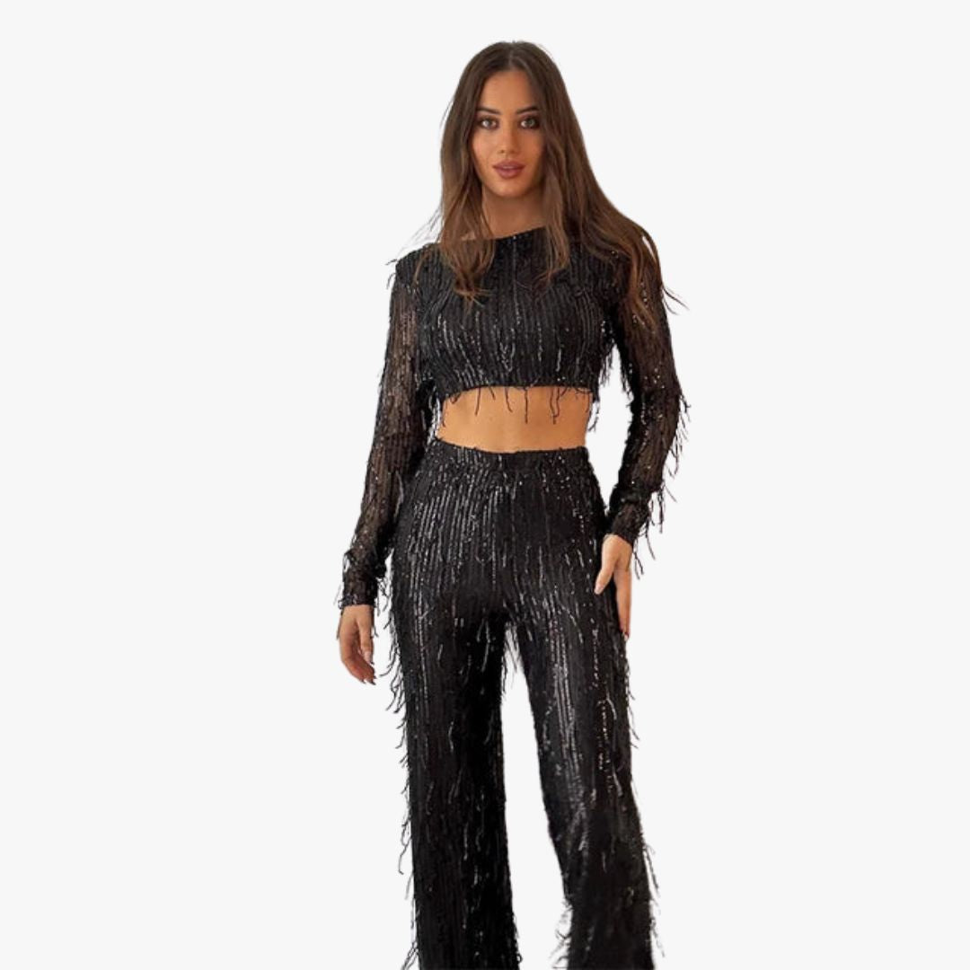 Miles & Luna Crop Top Trouser 2-Piece Set with Frills and Sequins for women