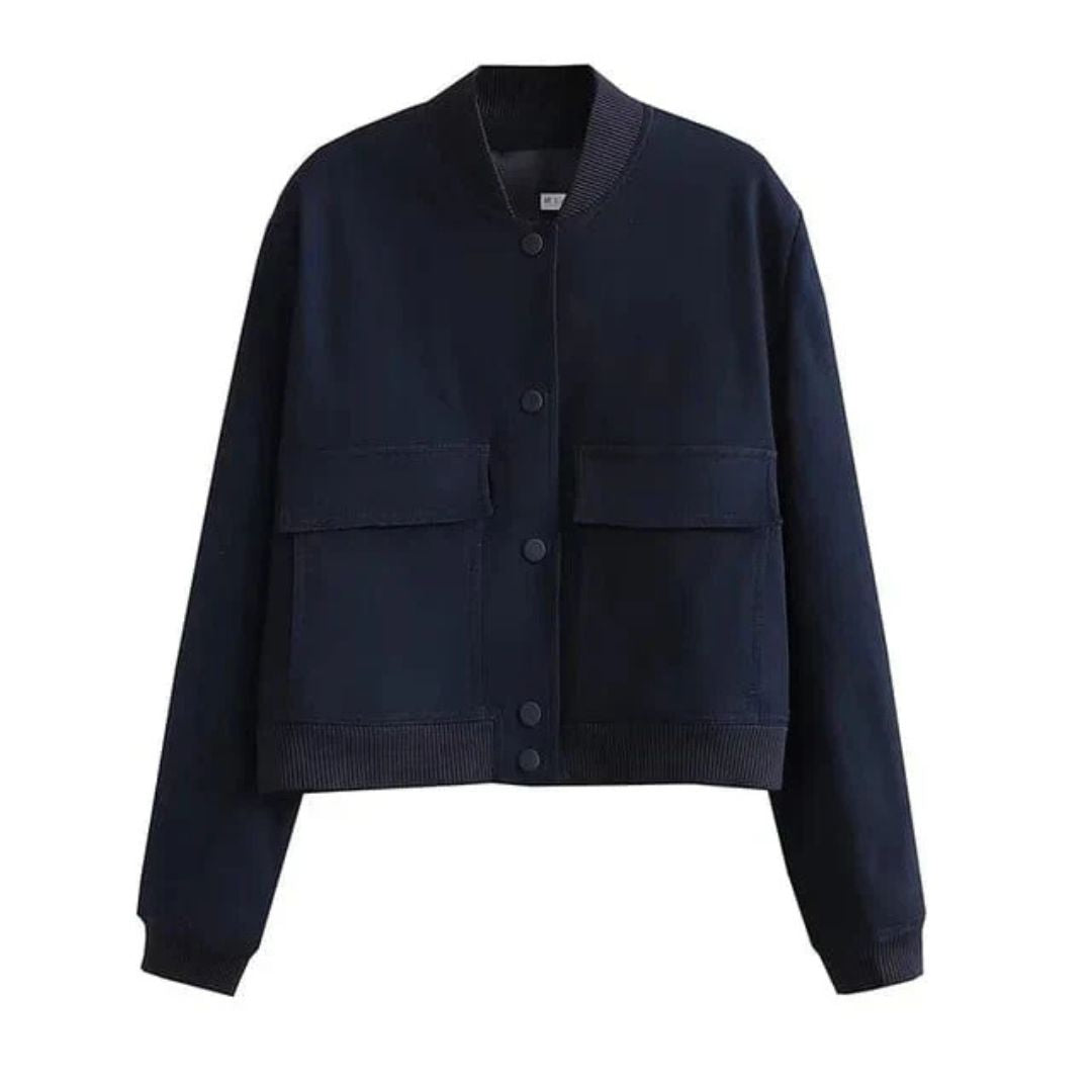 Miles & Luna Cropped Varsity Bomber Jacket Classic Button-Up Ribbed Collar & Cuffs Casual Fit for Women