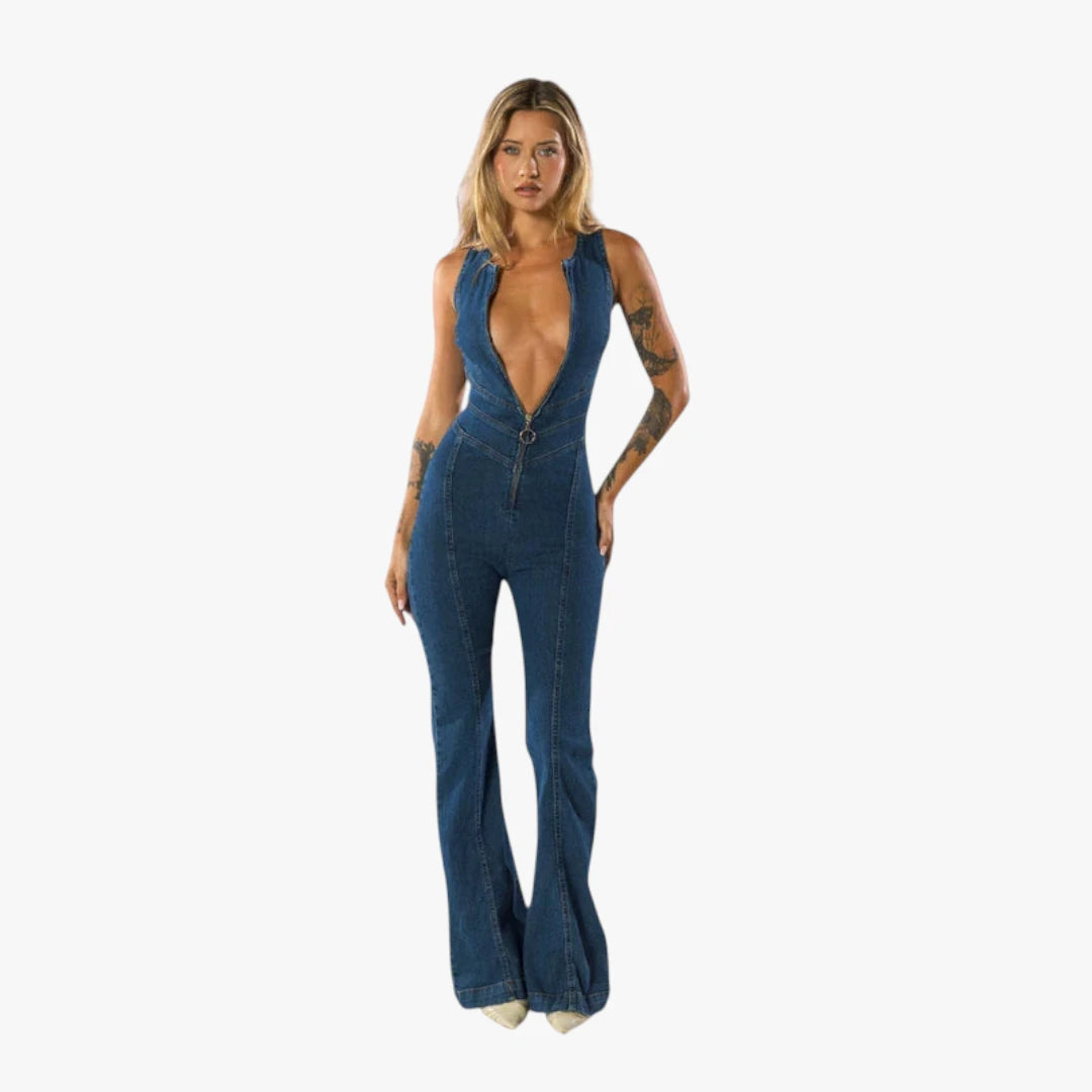 Miles & Luna Denim Jumpsuit with Plunging Neckline and Zipper Detail for Women
