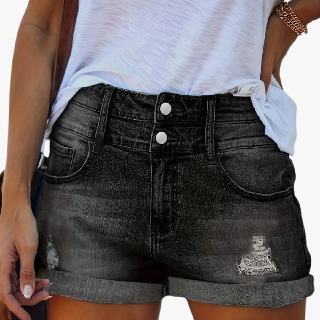 Miles & Luna Denim Shorts High Waist Cuffed Hem Distressed Casual Fit for Women