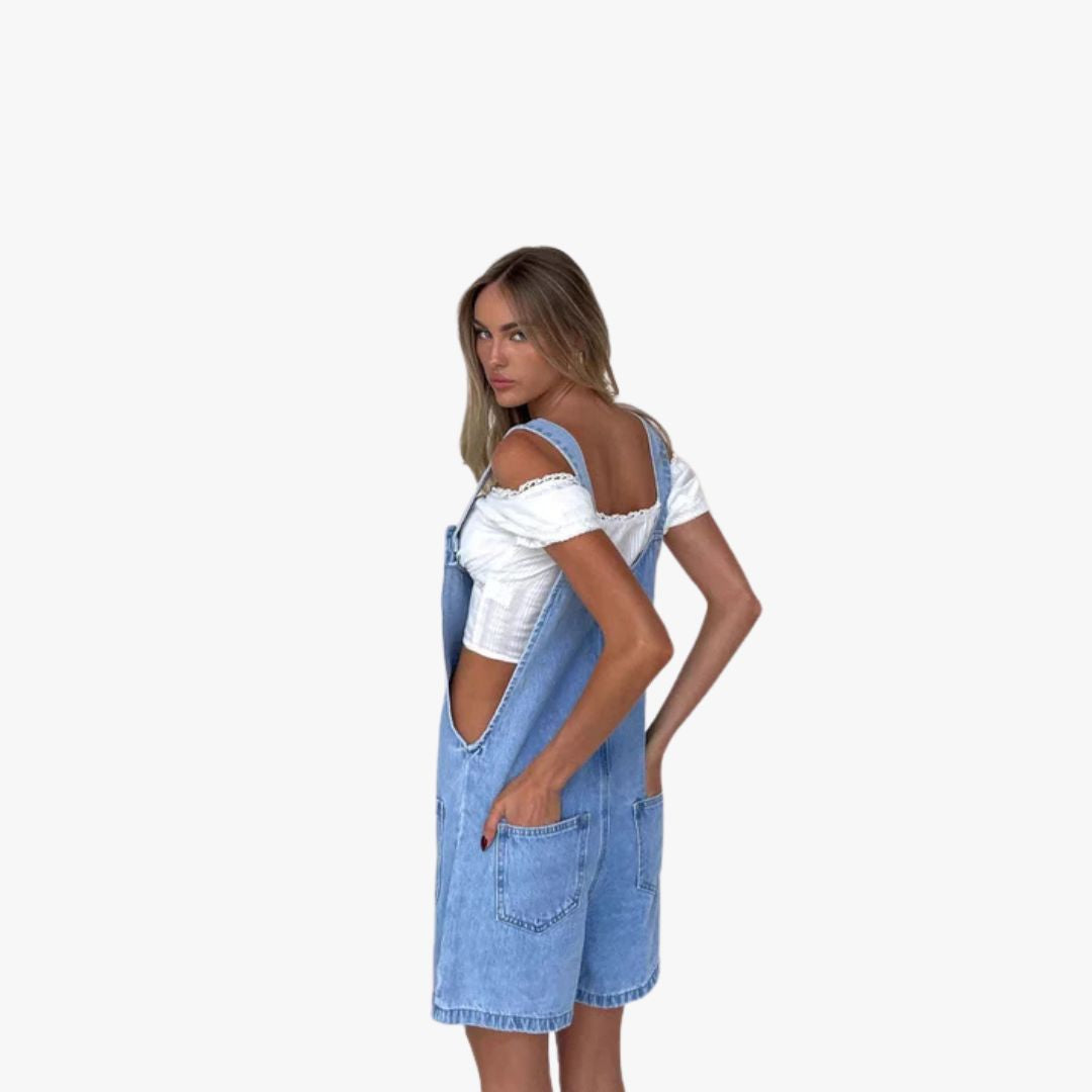 Miles & Luna Dungaree Shorts Denim Loose Fit Adjustable Straps Button Front Pockets for Women