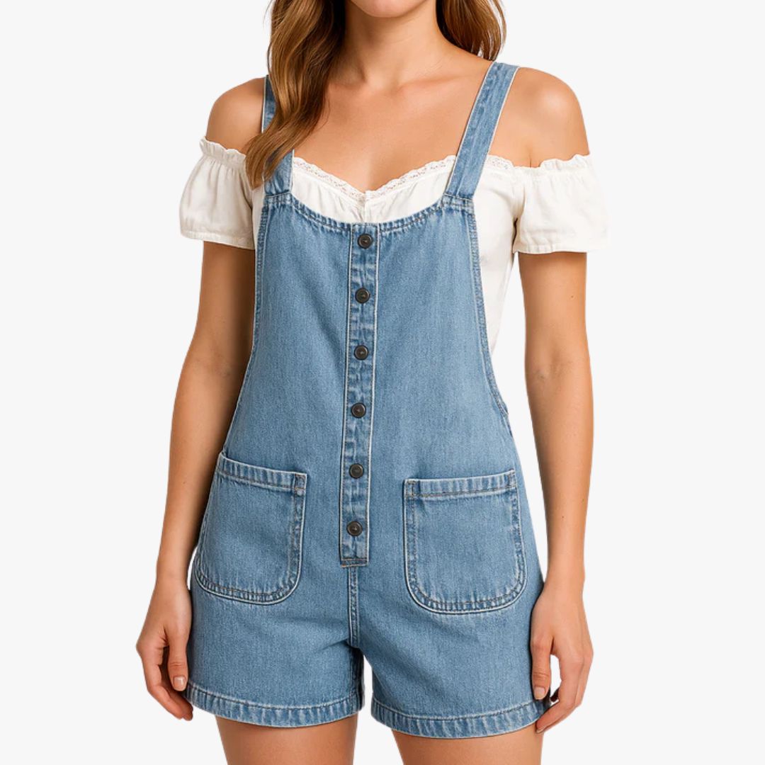 Miles & Luna Dungaree Shorts Denim Loose Fit Adjustable Straps Button Front Pockets for Women