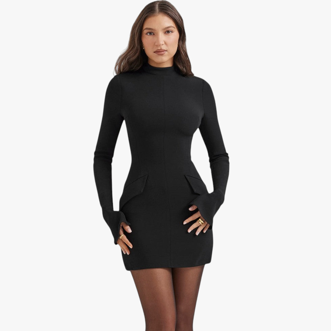 Miles & Luna Fitted Long Sleeve Mini Dress with High Neckline Quiet Luxury Style for Women