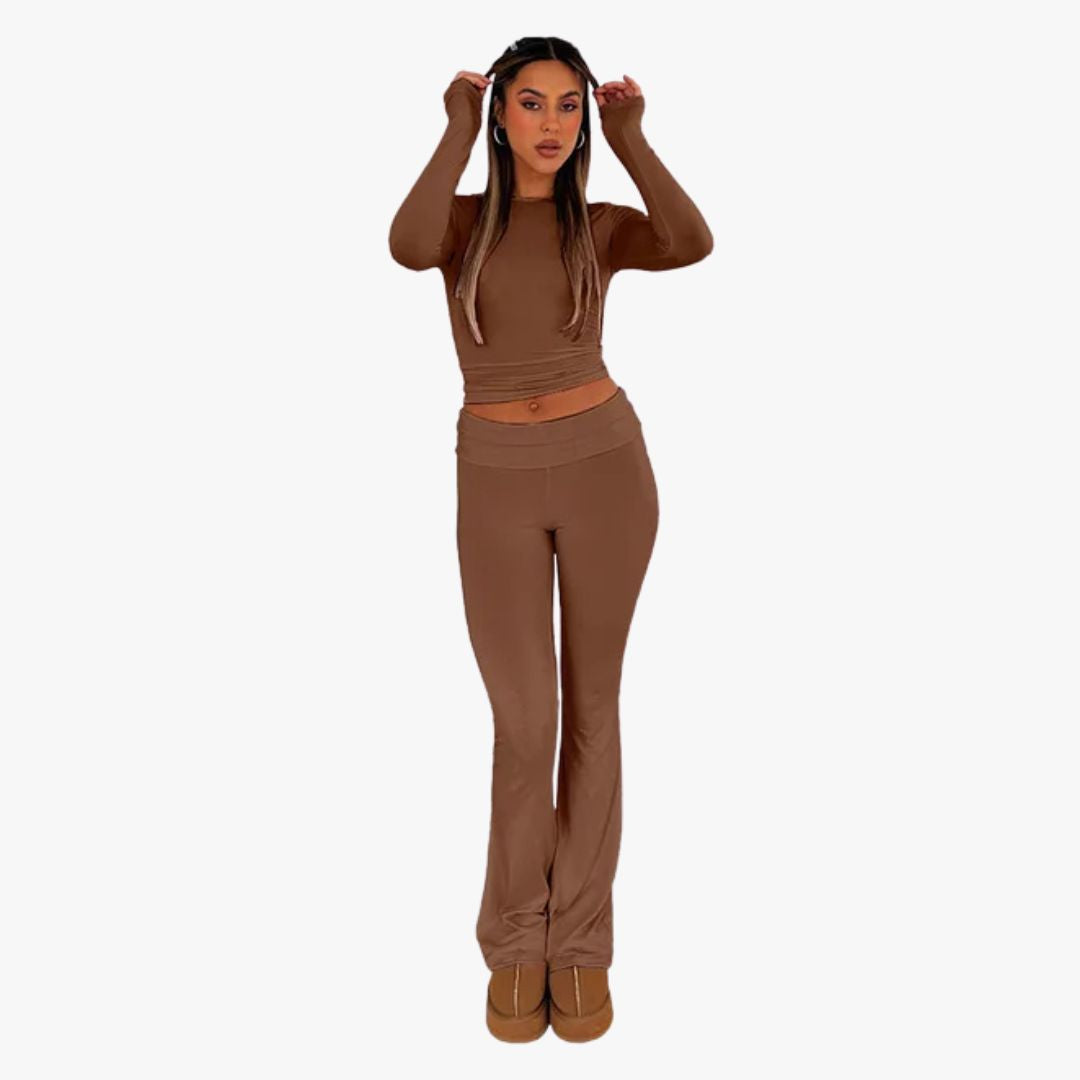 Miles & Luna Flared Trousers Stretch Fabric Low Rise Foldable Waistband 2-Piece set for Women