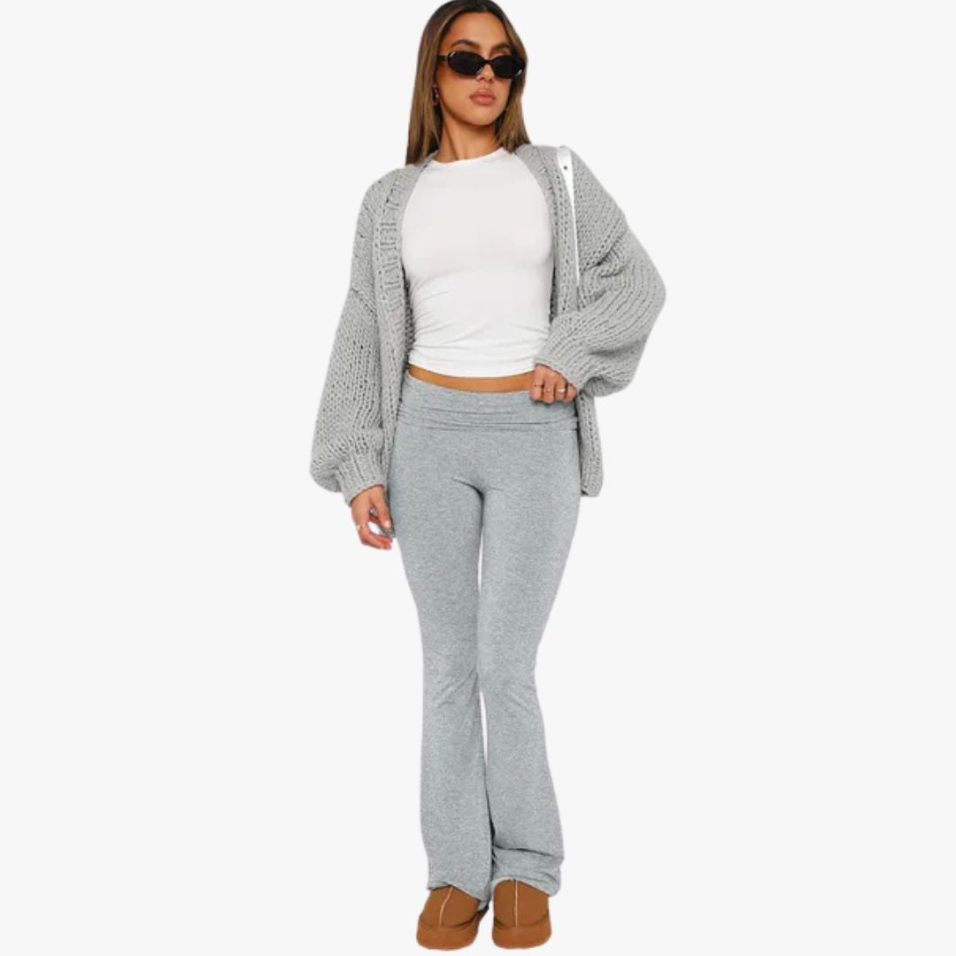 Miles & Luna Flared Trousers Stretch Fabric Low Rise Foldable Waistband 2-Piece set for Women