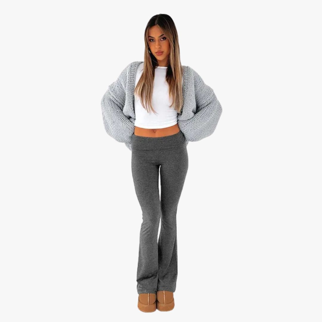 Miles & Luna Flared Trousers Stretch Fabric Low Rise Foldable Waistband 2-Piece set for Women