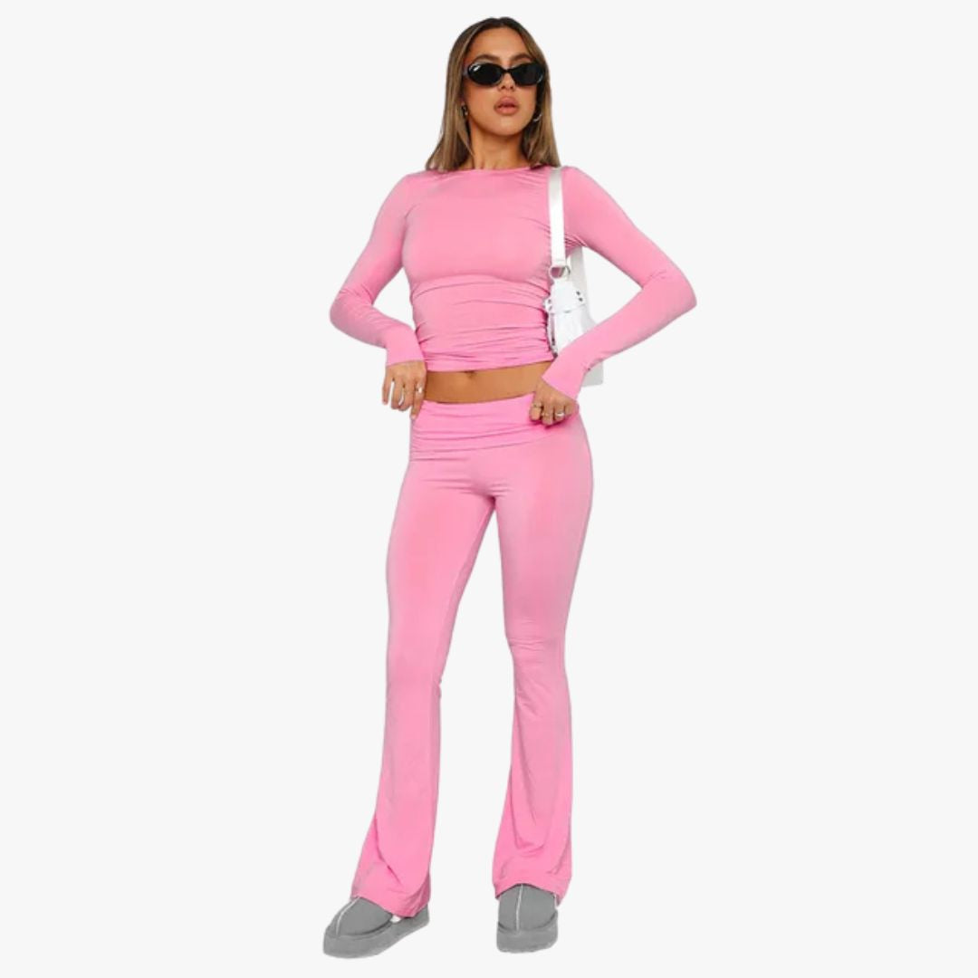 Miles & Luna Flared Trousers Stretch Fabric Low Rise Foldable Waistband 2-Piece set for Women