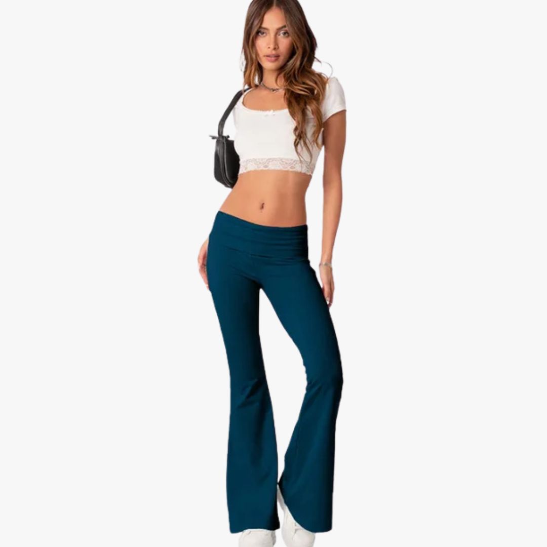 Miles & Luna Flared Trousers Stretch Fabric Low Rise Foldable Waistband 2-Piece set for Women
