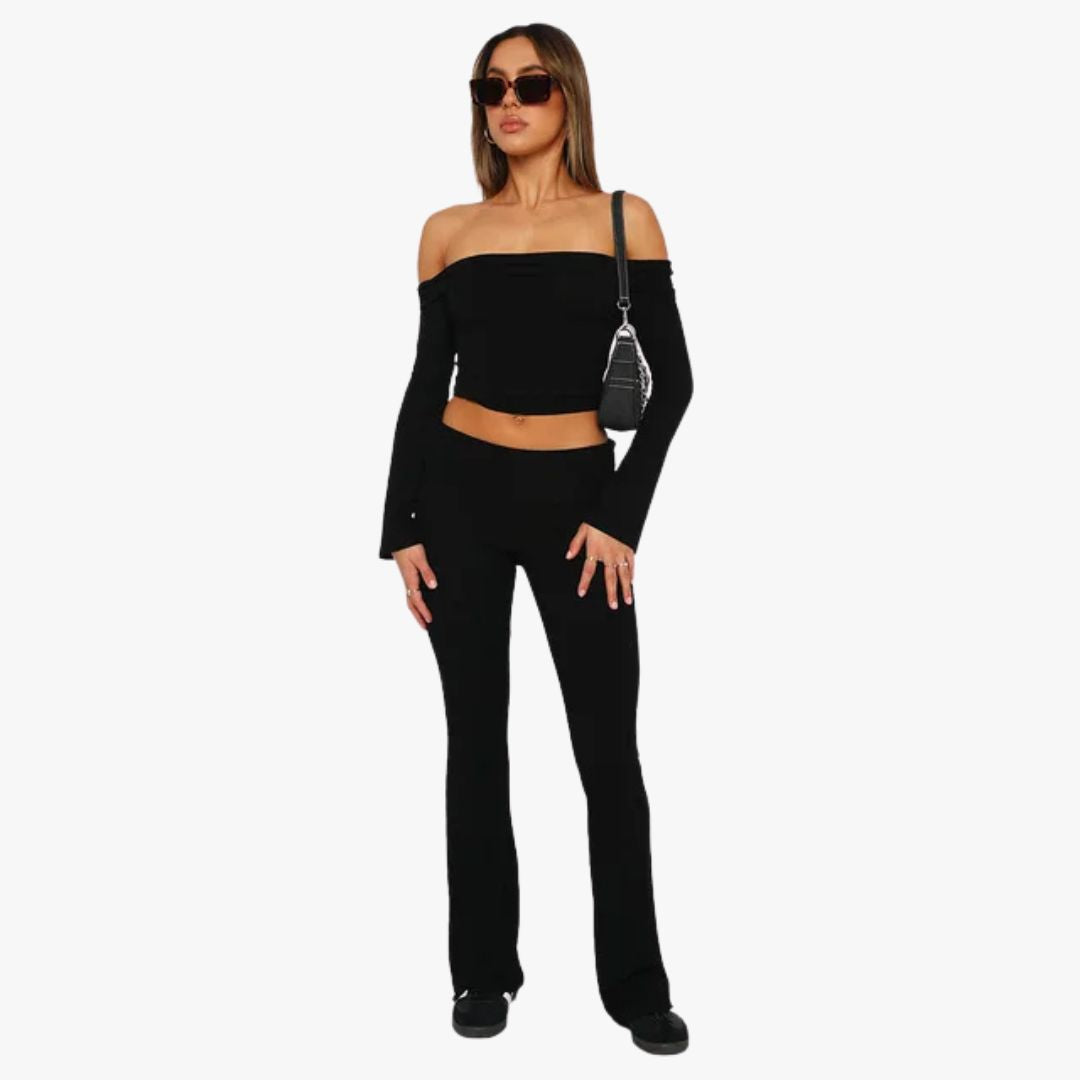 Miles & Luna Flared Trousers Stretch Fabric Low Rise Foldable Waistband 2-Piece set for Women