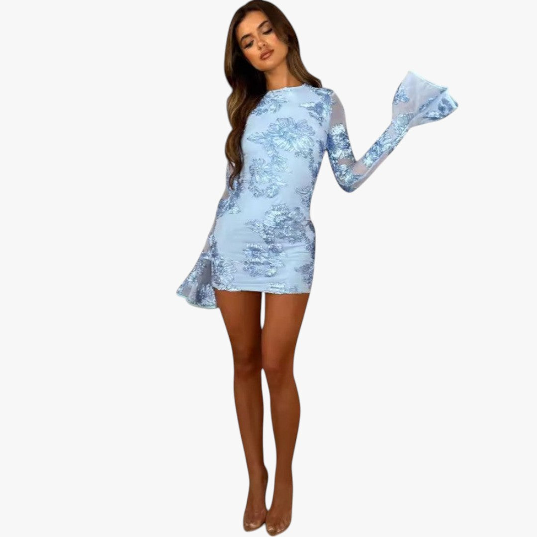Miles & Luna Floral Mesh Mini Dress Bell Sleeve Elegant Spring Style for Women
