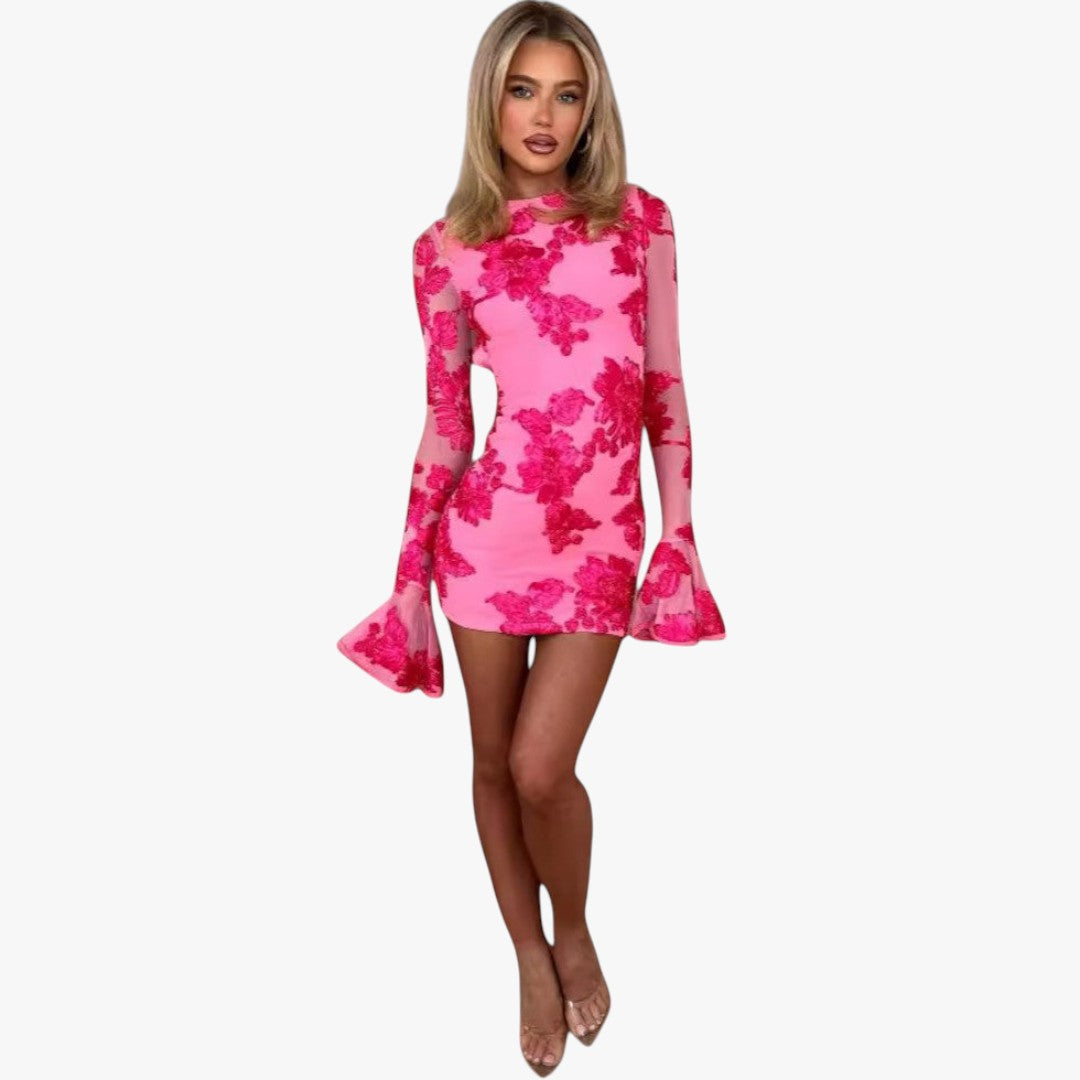 Miles & Luna Floral Mesh Mini Dress Bell Sleeve Elegant Spring Style for Women