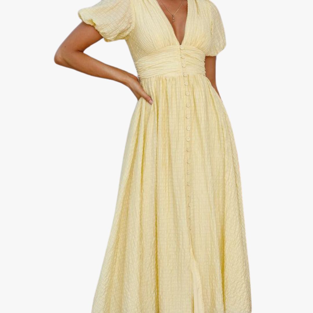 Miles & Luna Flowy Maxi Dress with Button Front and Long Sleeves for Women