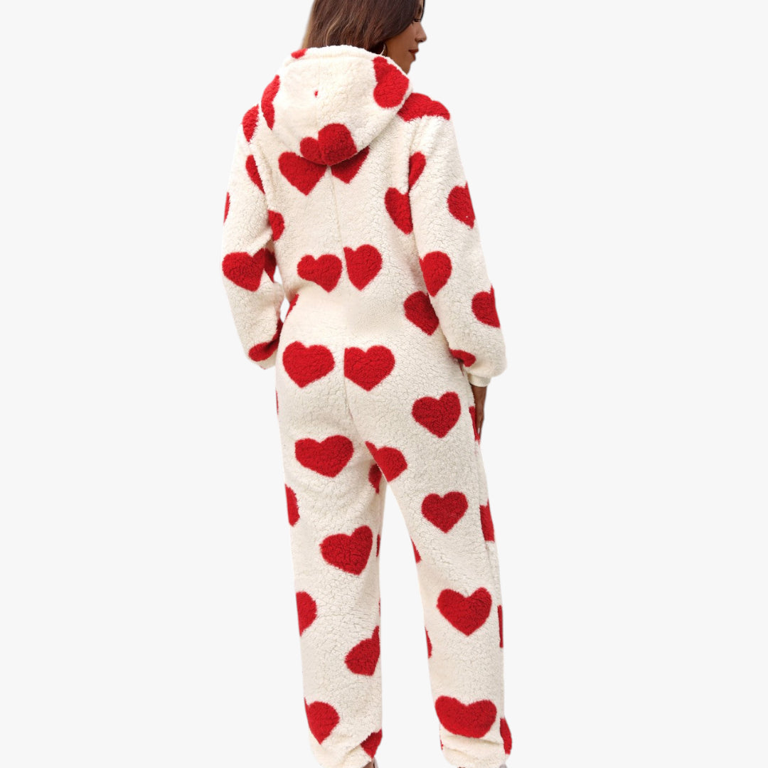 Miles & Luna Fuzzy Heart Zip Up Hooded Lounge Jumpsuit with Plush Cozy Design for Women