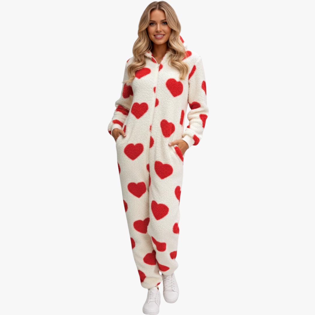 Miles & Luna Fuzzy Heart Zip Up Hooded Lounge Jumpsuit with Plush Cozy Design for Women