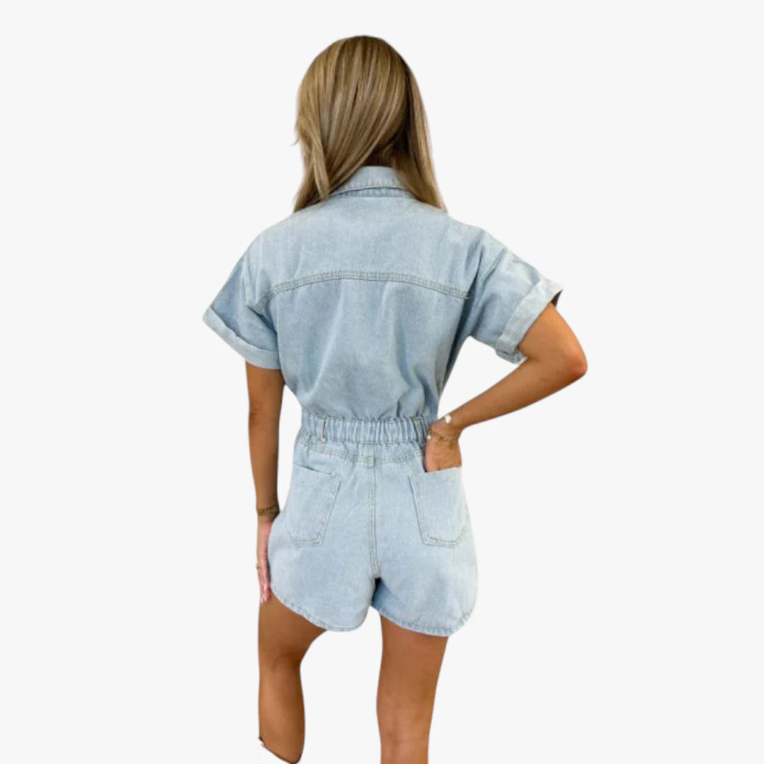 Miles & Luna Jumpsuit - Short Denim Jumpsuit with Button Closure and Blouse Collar