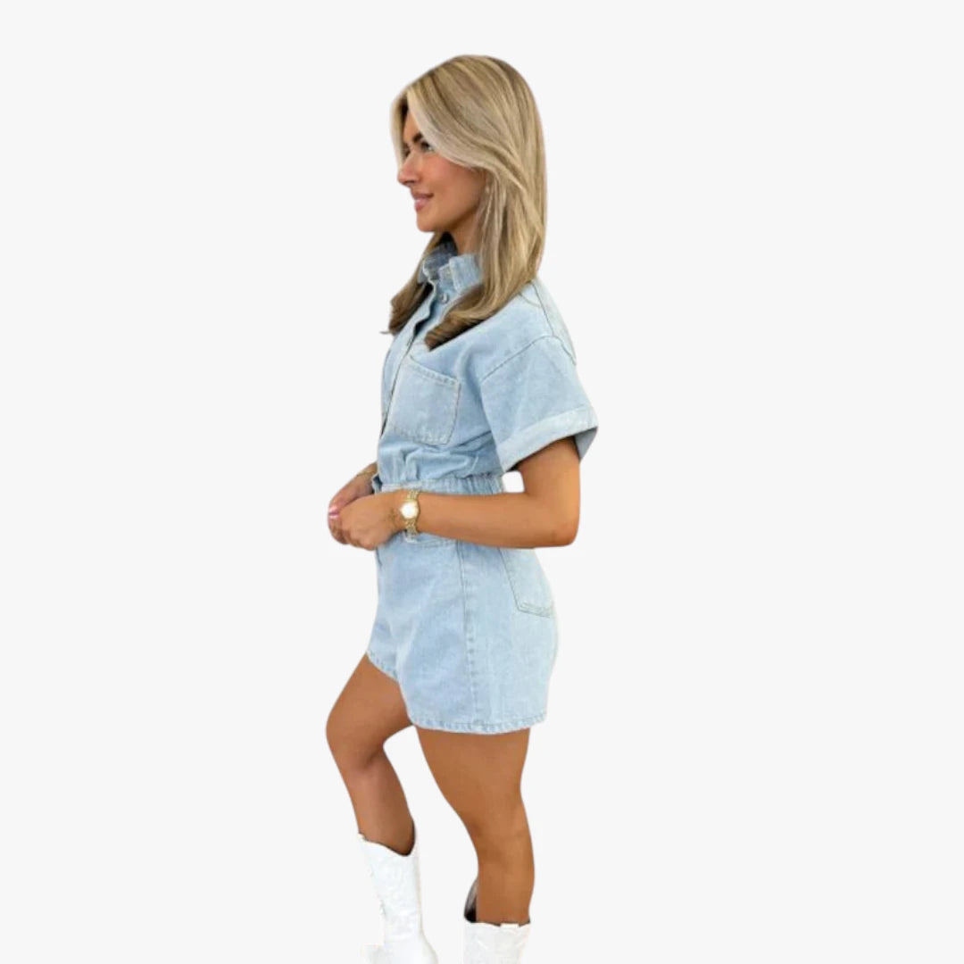 Miles & Luna Jumpsuit - Short Denim Jumpsuit with Button Closure and Blouse Collar