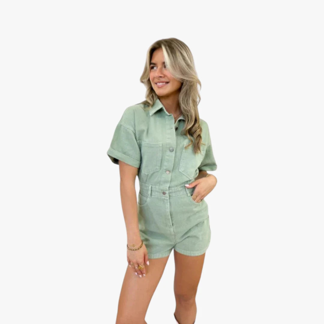 Miles & Luna Jumpsuit - Short Denim Jumpsuit with Button Closure and Blouse Collar