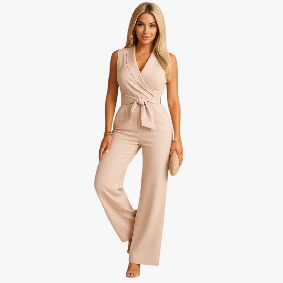 Miles & Luna Jumpsuit – V-Neck & Tie Belt for Sophisticated Comfort and Style