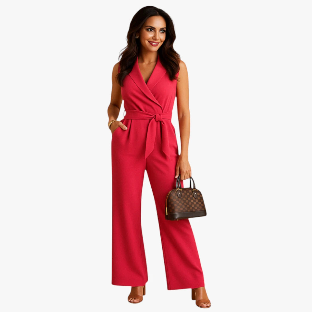 Miles & Luna Jumpsuit – V-Neck & Tie Belt for Sophisticated Comfort and Style