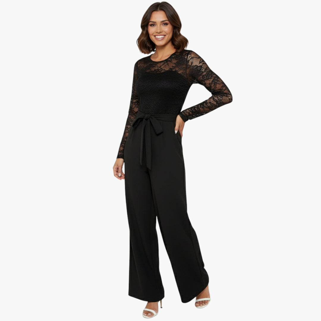 Miles & Luna Lace Long Sleeve Jumpsuit with Tied Waist and Elegant Sheer Design for Women