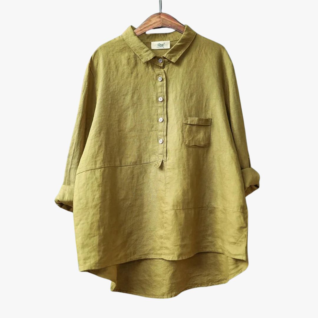 Miles & Luna Lapel Neck Casual Solid Color Cotton and Linen Long Sleeve Shirt for Women