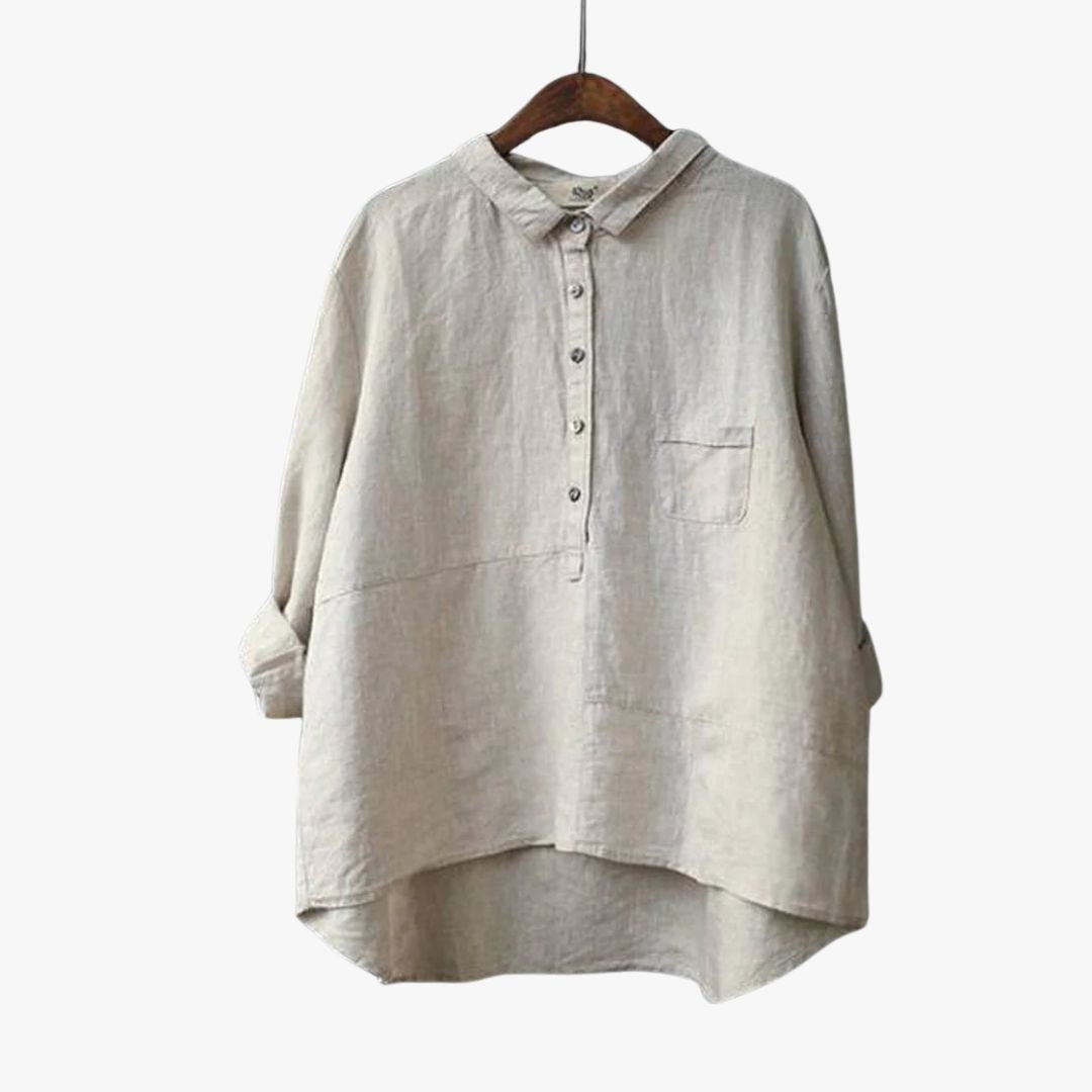 Miles & Luna Lapel Neck Casual Solid Color Cotton and Linen Long Sleeve Shirt for Women