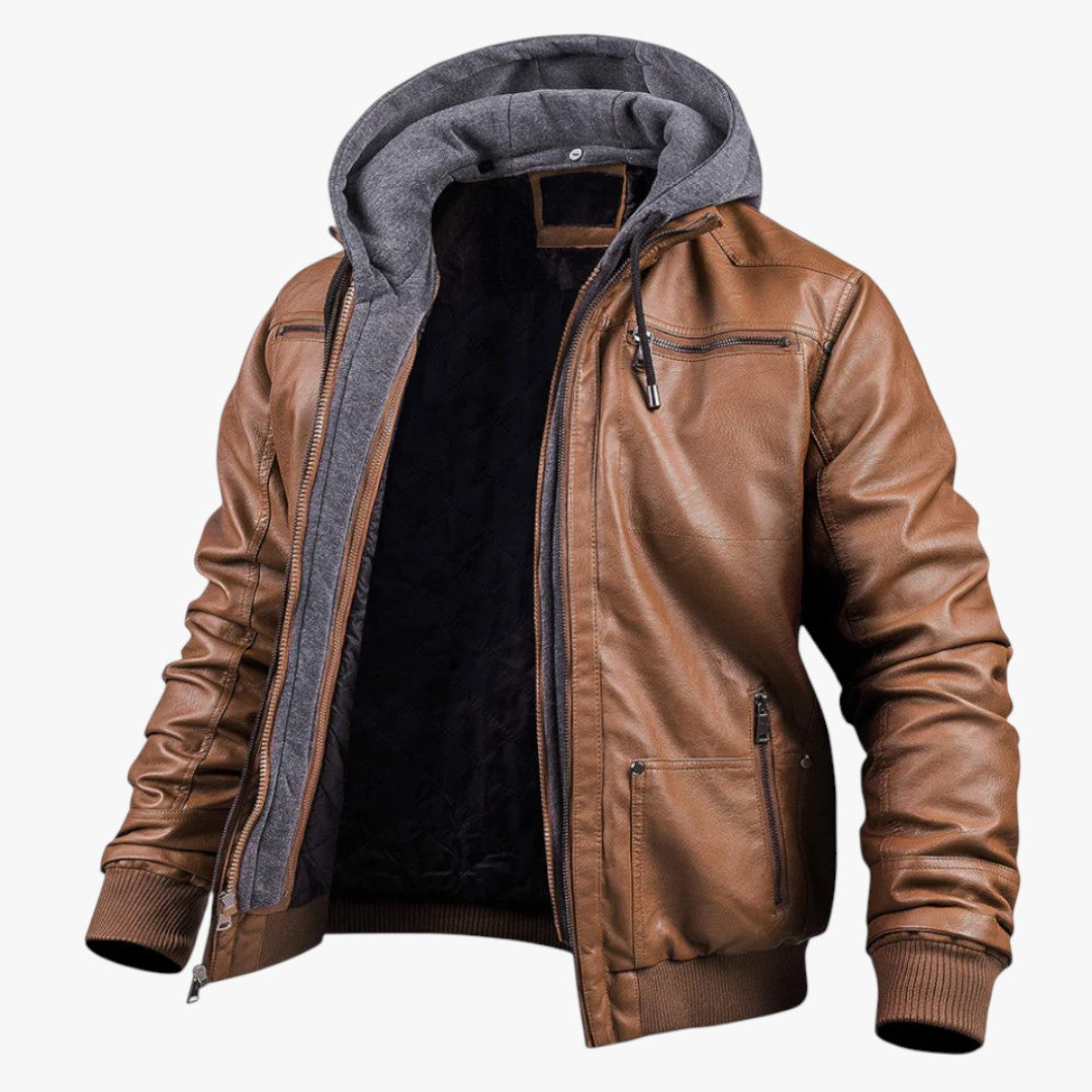 Miles & Luna Leather Bomber Jacket with Hood for Men