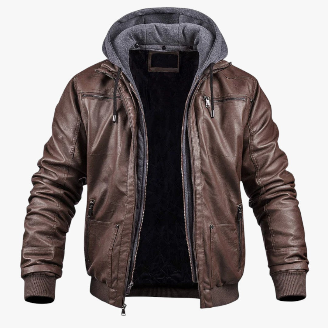 Miles & Luna Leather Bomber Jacket with Hood for Men