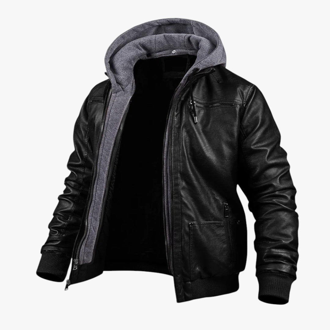 Miles & Luna Leather Bomber Jacket with Hood for Men