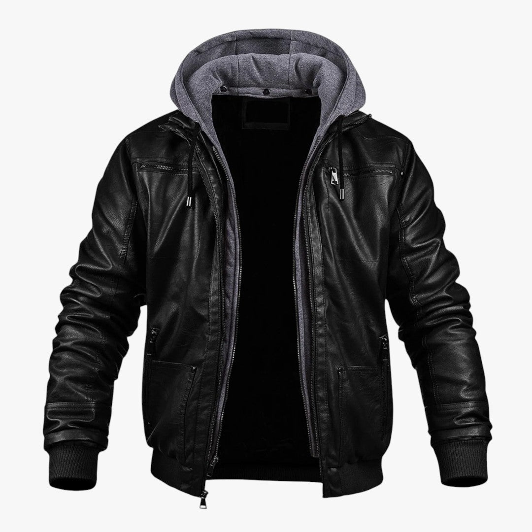 Miles & Luna Leather Bomber Jacket with Hood for Men