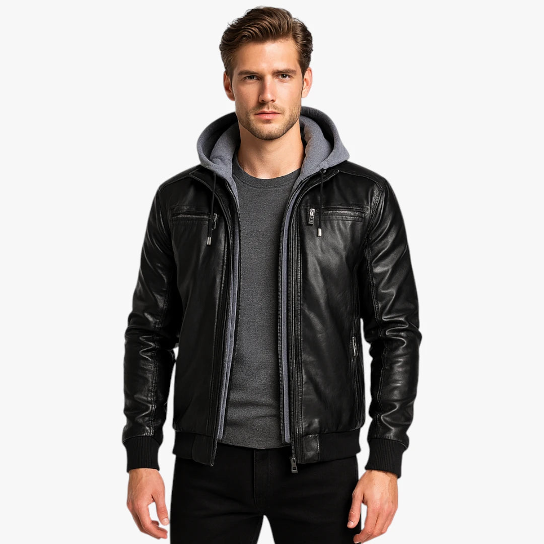Miles & Luna Leather Bomber Jacket with Hood for Men