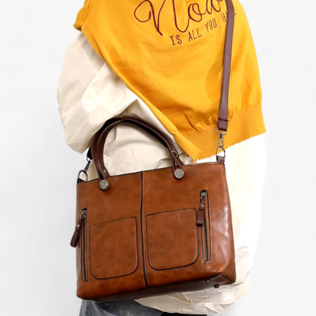 Miles & Luna Leather Handbag Multi-Pocket Shoulder Bag Vintage Style for Women