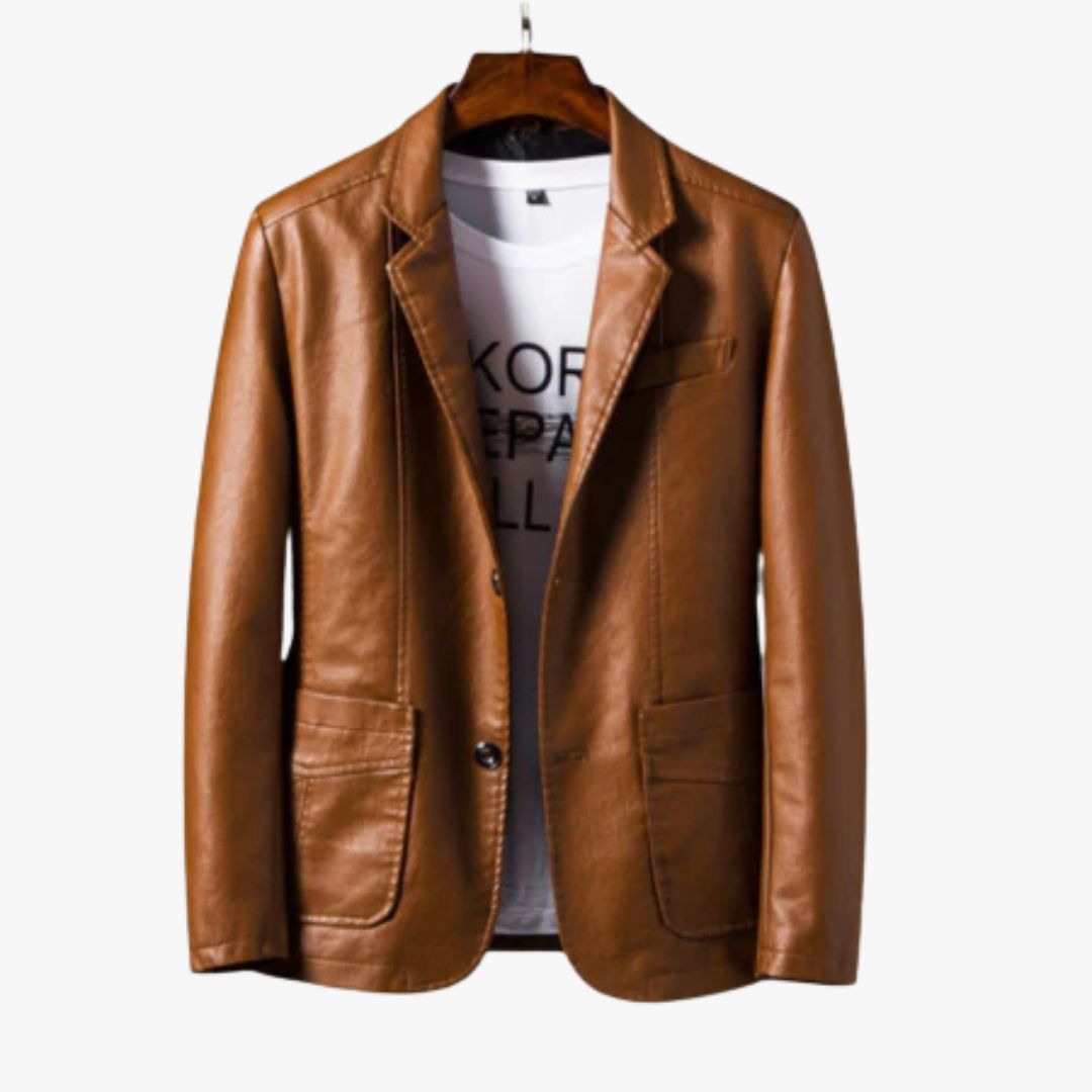 Miles & Luna Leather Jacket with Stand Collar & Button Closure for Men