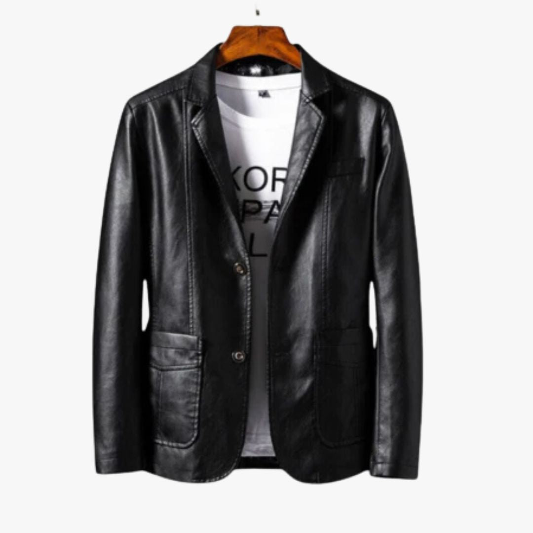 Miles & Luna Leather Jacket with Stand Collar & Button Closure for Men