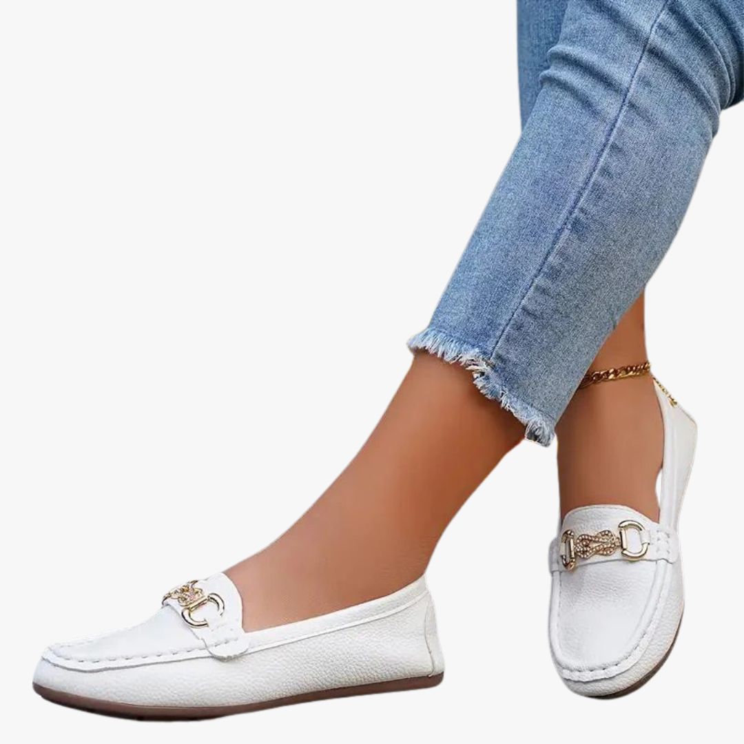 Miles & Luna Leather Upper Metallic Buckle Detail Almond Toe Rubber Sole Loafers for Women