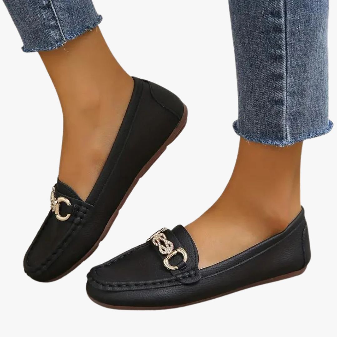 Miles & Luna Leather Upper Metallic Buckle Detail Almond Toe Rubber Sole Loafers for Women