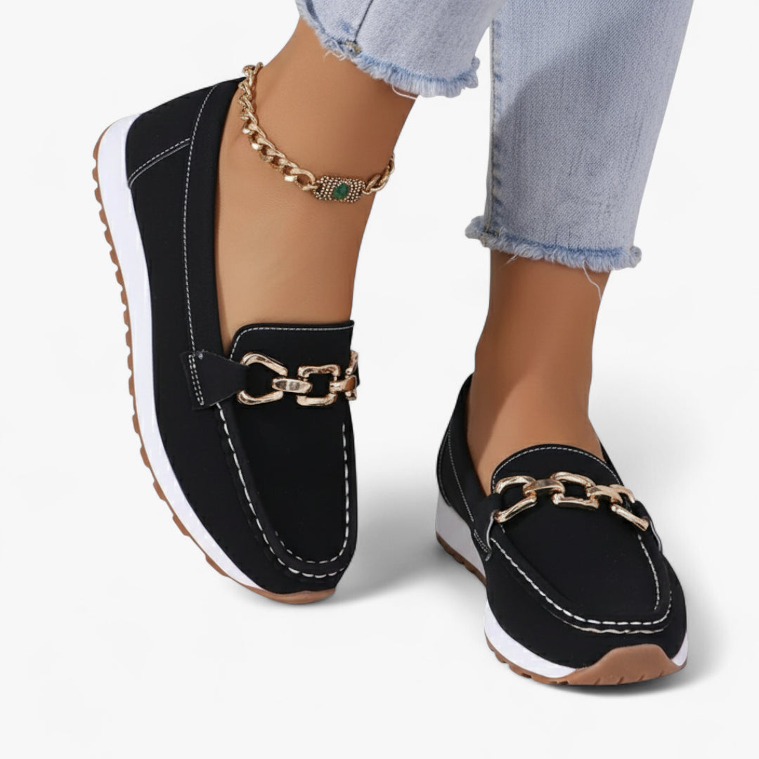 Miles & Luna Loafers - Orthopedic suede loafers with chain detail for women