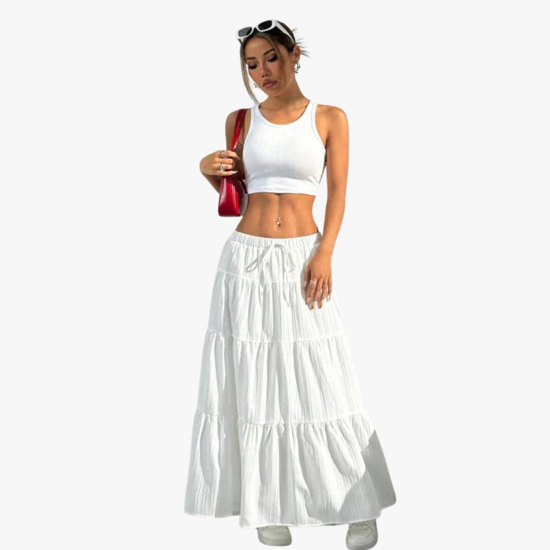 Miles & Luna Long Skirt Cotton Blend A-Line Fit Tiered Drawstring Waist for Women