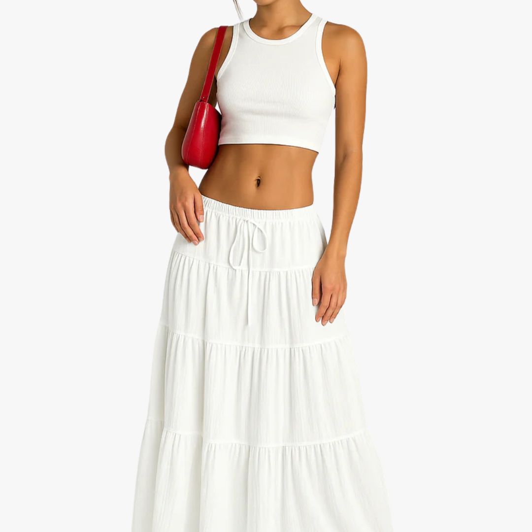Miles & Luna Long Skirt Cotton Blend A-Line Fit Tiered Drawstring Waist for Women