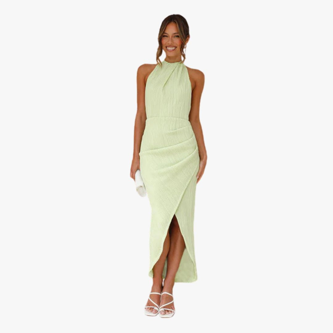Miles & Luna Maxi Dress Slim Fit Halter Neck Satin Feel Side Slit Lined Formal Wear for Women