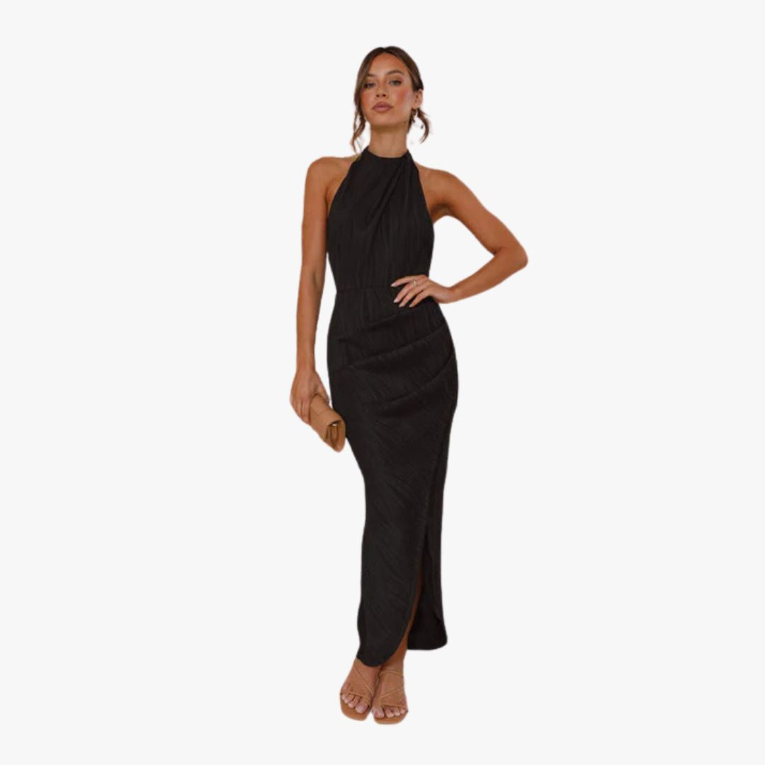 Miles & Luna Maxi Dress Slim Fit Halter Neck Satin Feel Side Slit Lined Formal Wear for Women