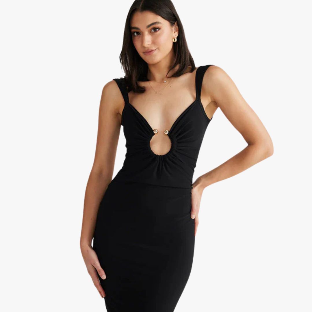 Miles & Luna Maxi Dress Slim Fit V-Neck Open Back Cut-Out Front Slit Detail for Women