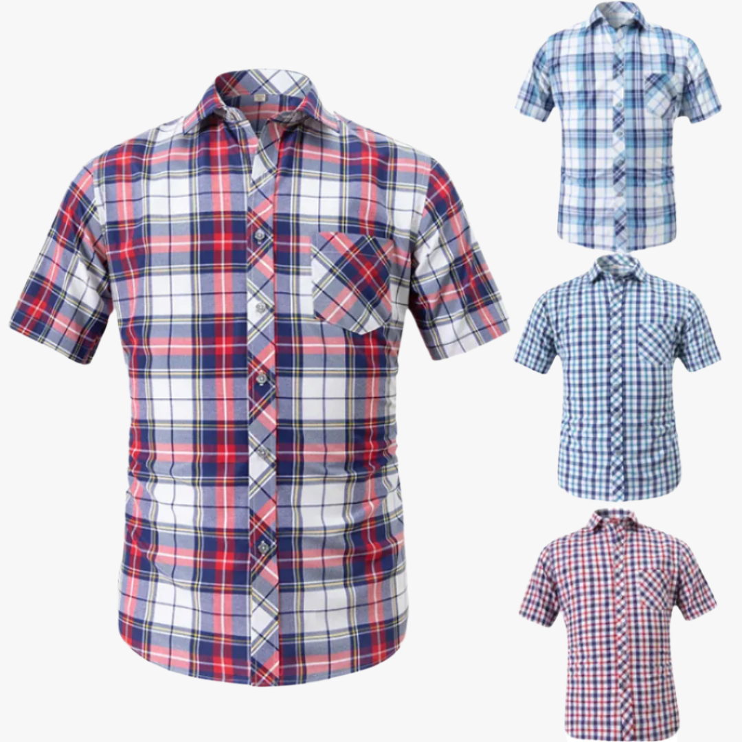 Miles & Luna | Men's Short-Sleeve Plaid Blouse Shirt – Classic Checkered Button-Up